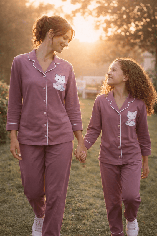 Zinniars Karishma Dusty Mauve Kitty Print Cotton Satin Twinning Sets | Mother & Daughter