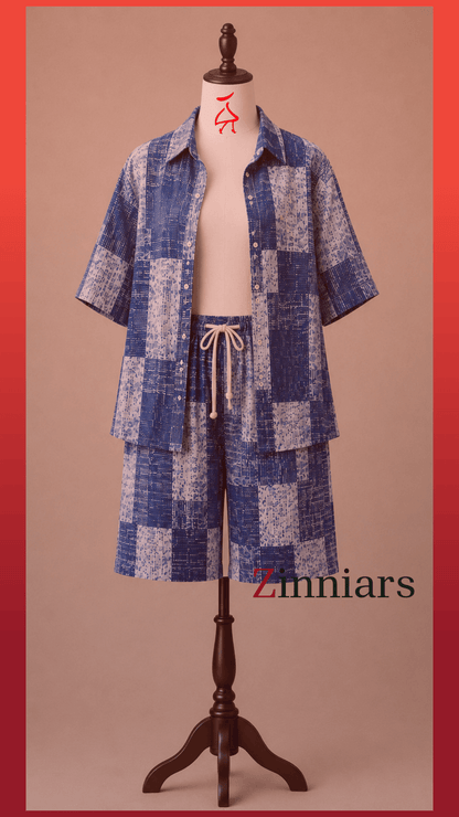 Bashii Printed Cotton Co-ord Set with Half Sleeve Shirt & Knee-Length Shorts BLU