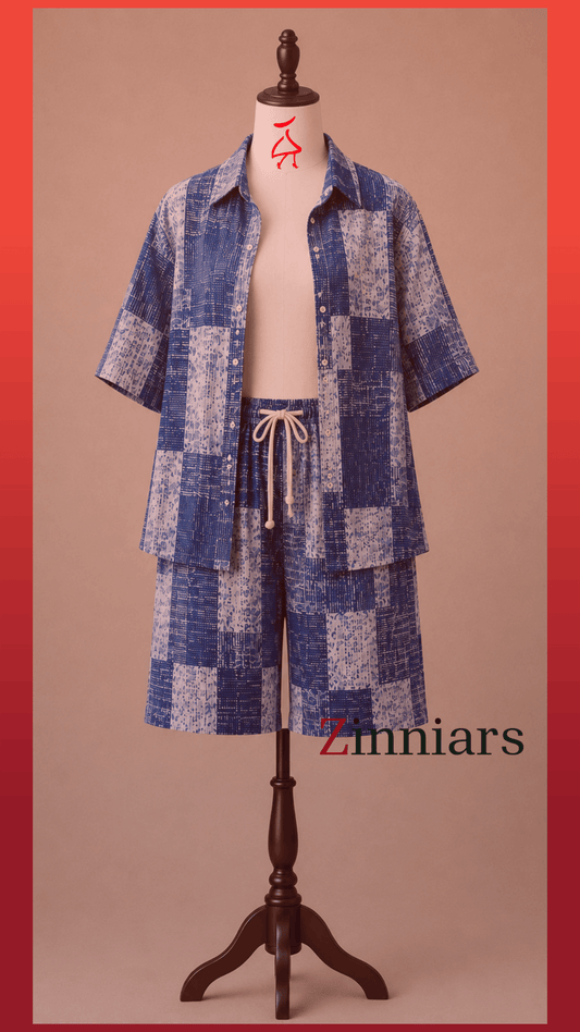 Bashii Printed Cotton Co-ord Set with Half Sleeve Shirt & Knee-Length Shorts BLU