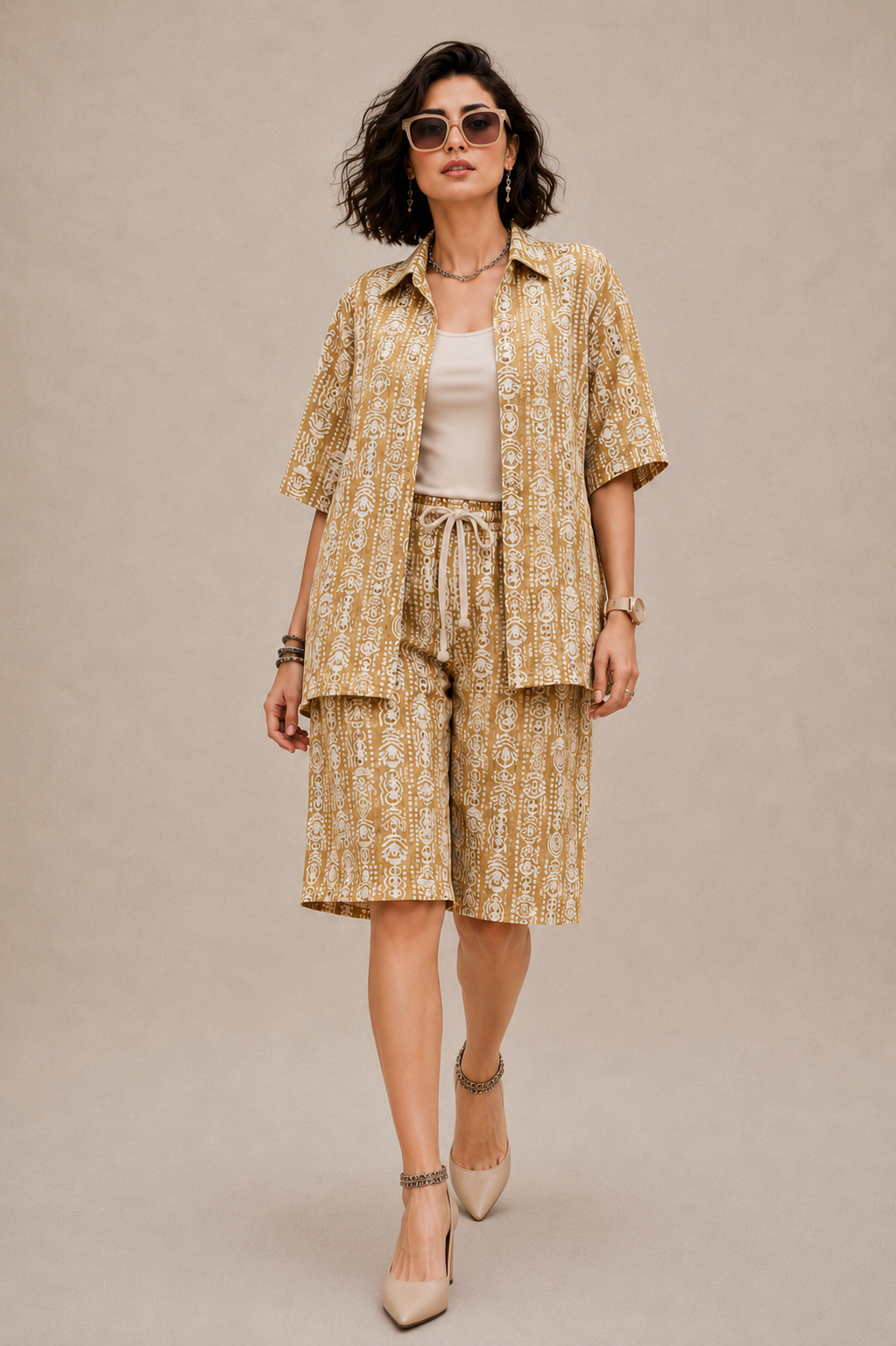 Bashii Printed Cotton Co-ord Set with Half Sleeve Shirt & Knee-Length Shorts