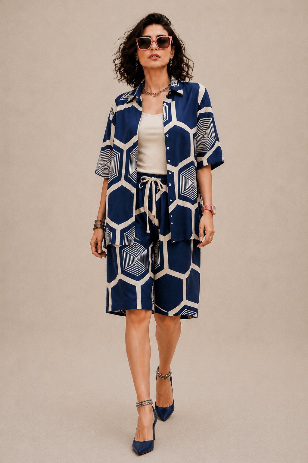 Bashii Printed Cotton Co-ord Set with Half Sleeve Shirt & Knee-Length Shorts NI