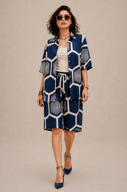 Bashii Printed Cotton Co-ord Set with Half Sleeve Shirt & Knee-Length Shorts NI