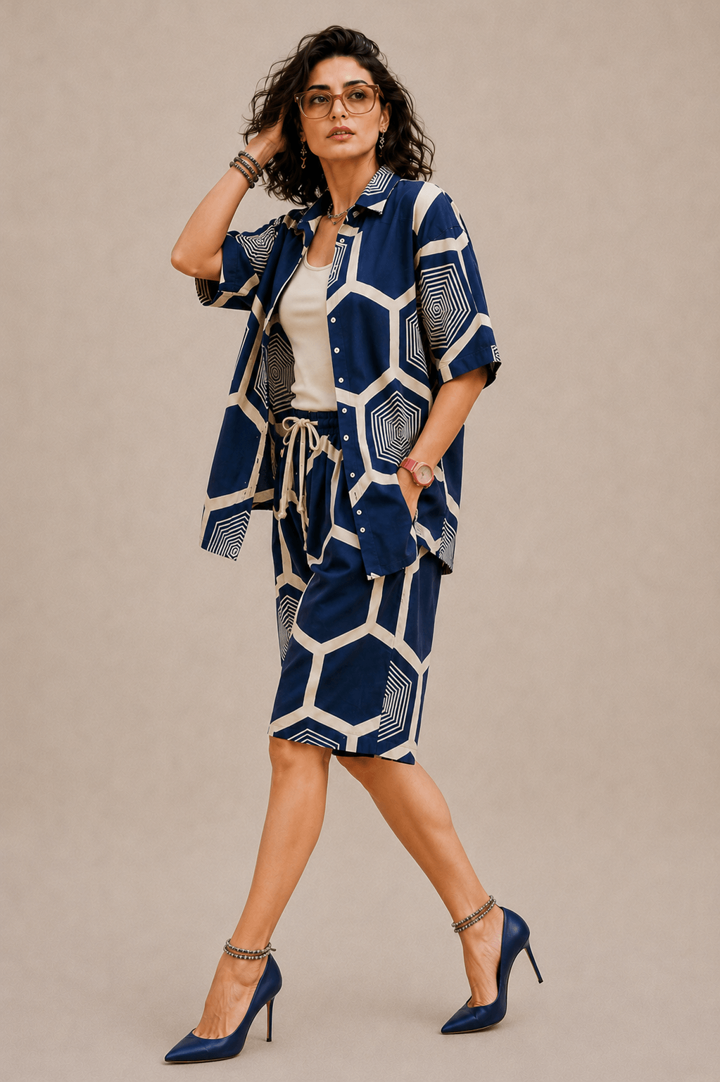 Bashii Printed Cotton Co-ord Set with Half Sleeve Shirt & Knee-Length Shorts NI