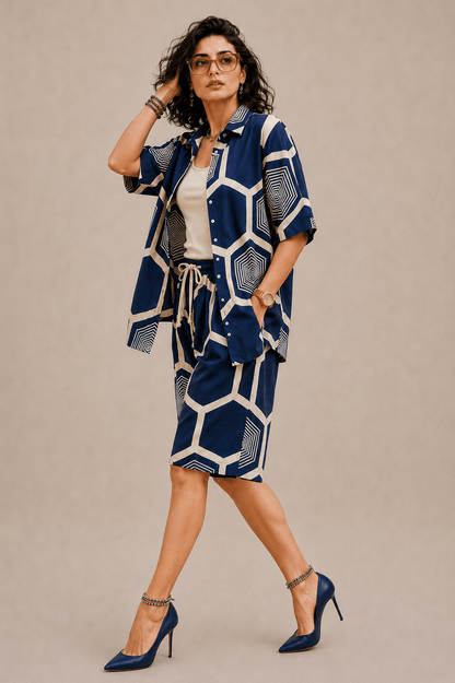 Bashii Printed Cotton Co-ord Set with Half Sleeve Shirt & Knee-Length Shorts NI