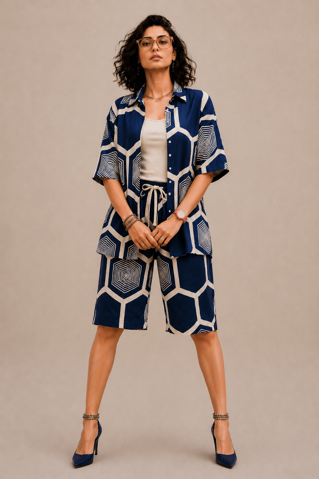 Bashii Printed Cotton Co-ord Set with Half Sleeve Shirt & Knee-Length Shorts NI