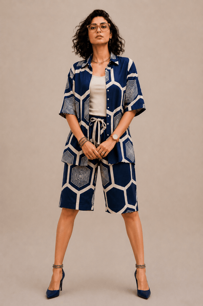 Bashii Printed Cotton Co-ord Set with Half Sleeve Shirt & Knee-Length Shorts NI