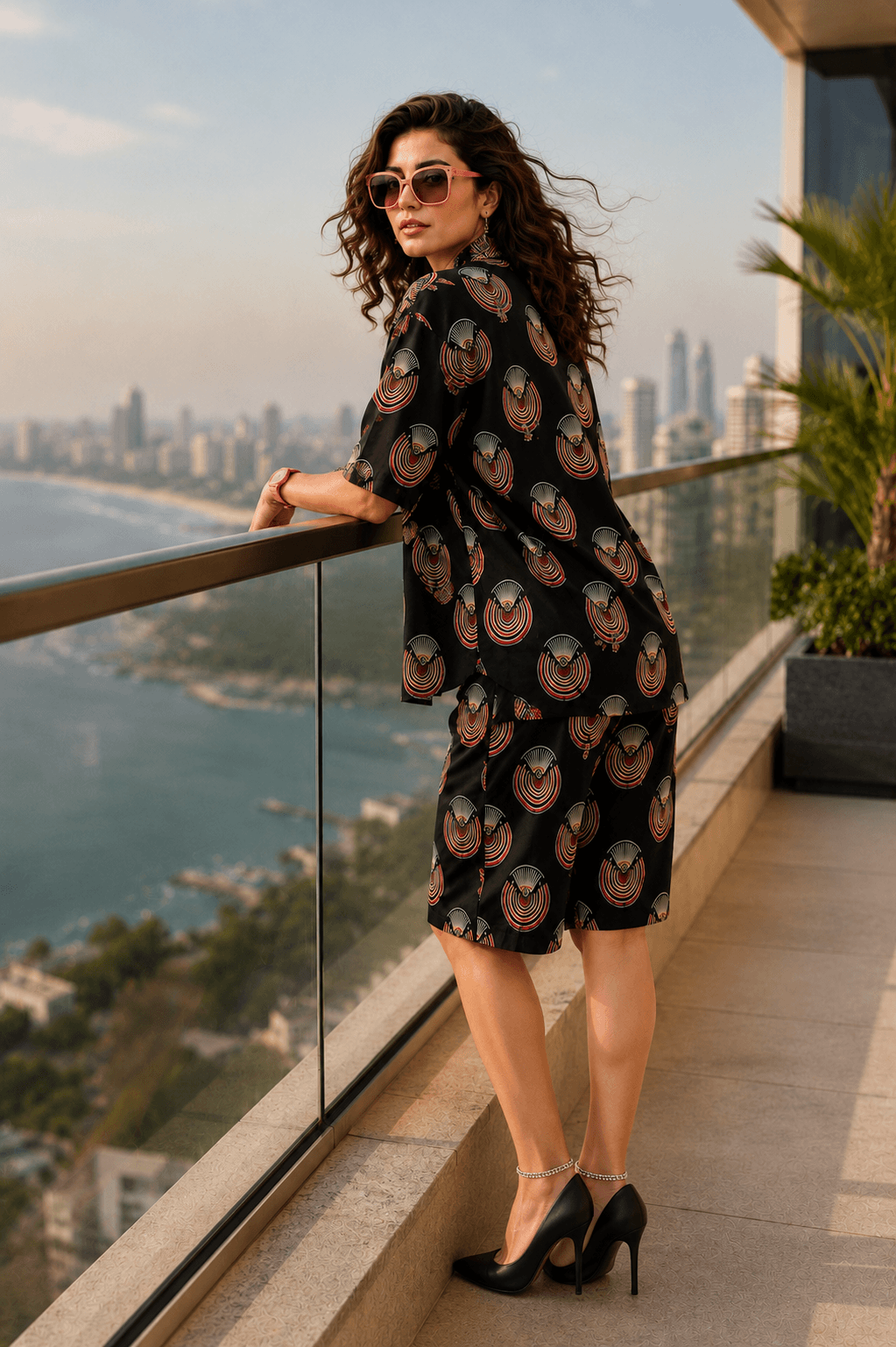 Bashii Printed Cotton Co-ord Set with Full Sleeve Shirt & Knee-Length Shorts blk2
