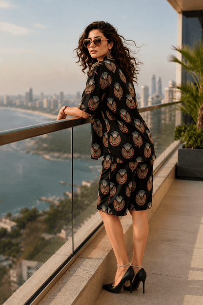 Bashii Printed Cotton Co-ord Set with Full Sleeve Shirt & Knee-Length Shorts blk2