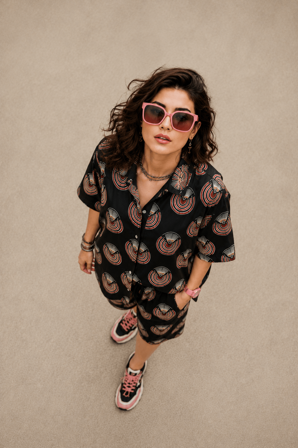Bashii Printed Cotton Co-ord Set with Full Sleeve Shirt & Knee-Length Shorts blk2