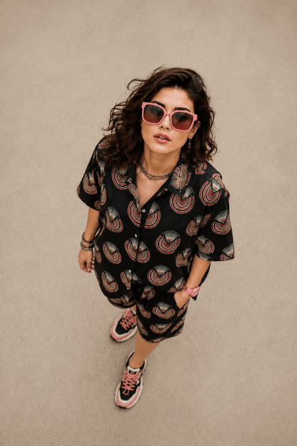 Bashii Printed Cotton Co-ord Set with Full Sleeve Shirt & Knee-Length Shorts blk2
