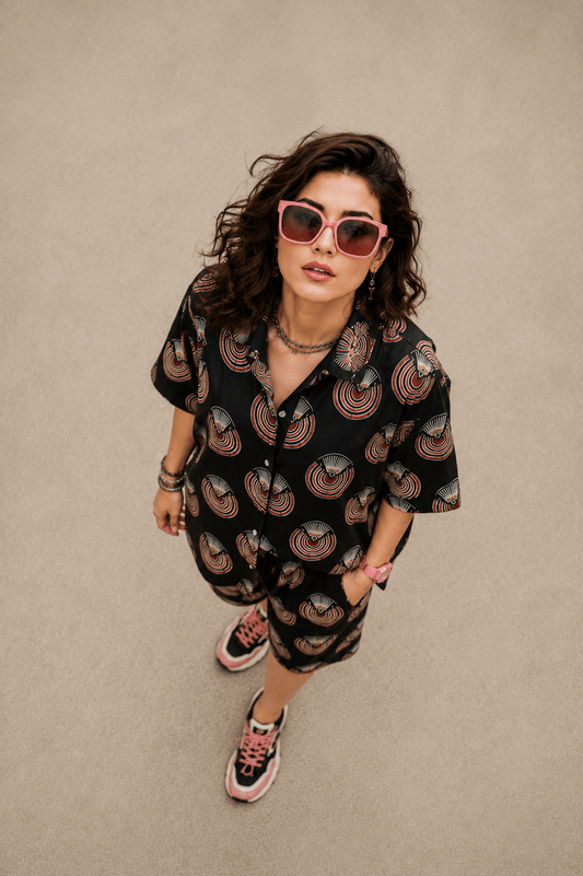 Bashii Printed Cotton Co-ord Set with Full Sleeve Shirt & Knee-Length Shorts blk2