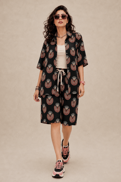 Bashii Printed Cotton Co-ord Set with Full Sleeve Shirt & Knee-Length Shorts blk2