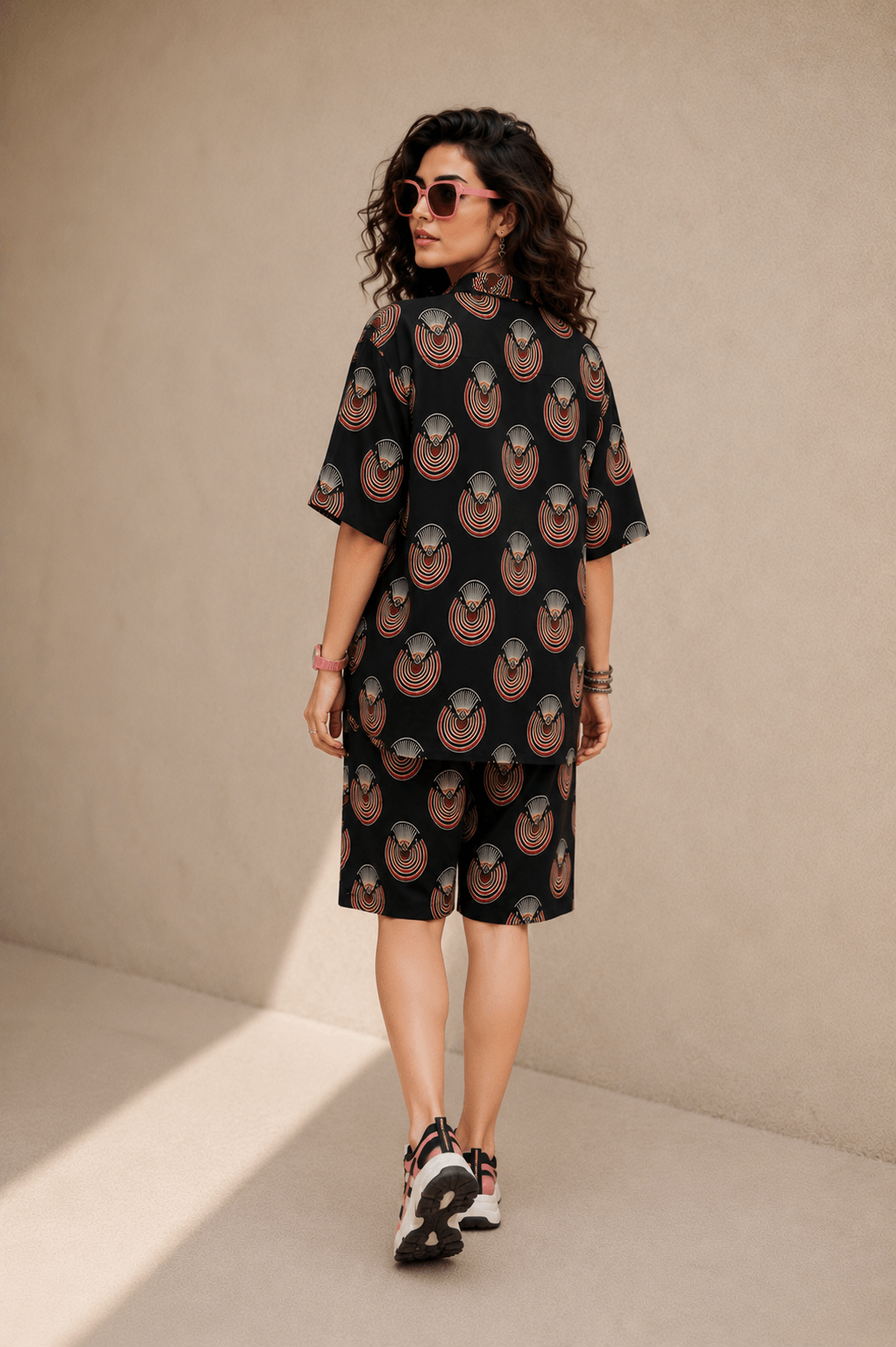 Bashii Printed Cotton Co-ord Set with Full Sleeve Shirt & Knee-Length Shorts blk2