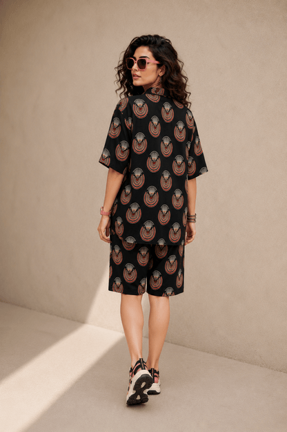 Bashii Printed Cotton Co-ord Set with Full Sleeve Shirt & Knee-Length Shorts blk2