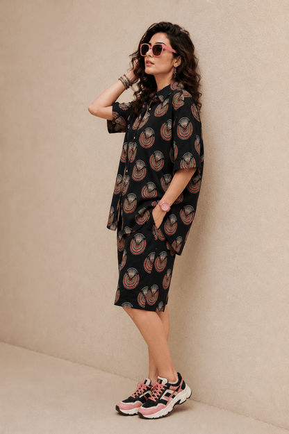 Bashii Printed Cotton Co-ord Set with Full Sleeve Shirt & Knee-Length Shorts blk2