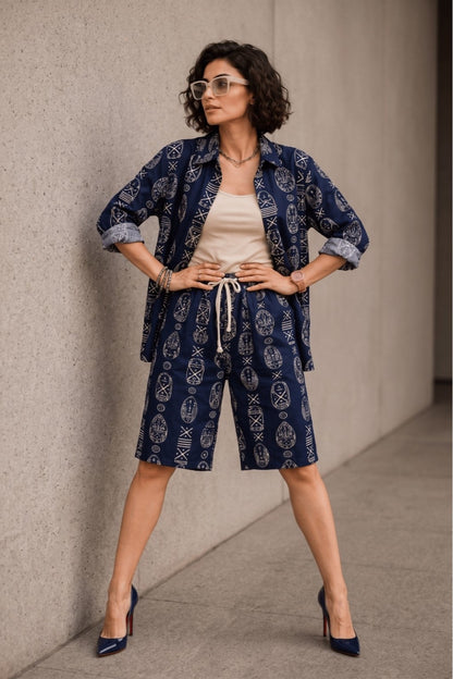 Bashii Printed Cotton Co-ord Set with Full Sleeve Shirt & Knee-Length Shorts NB2