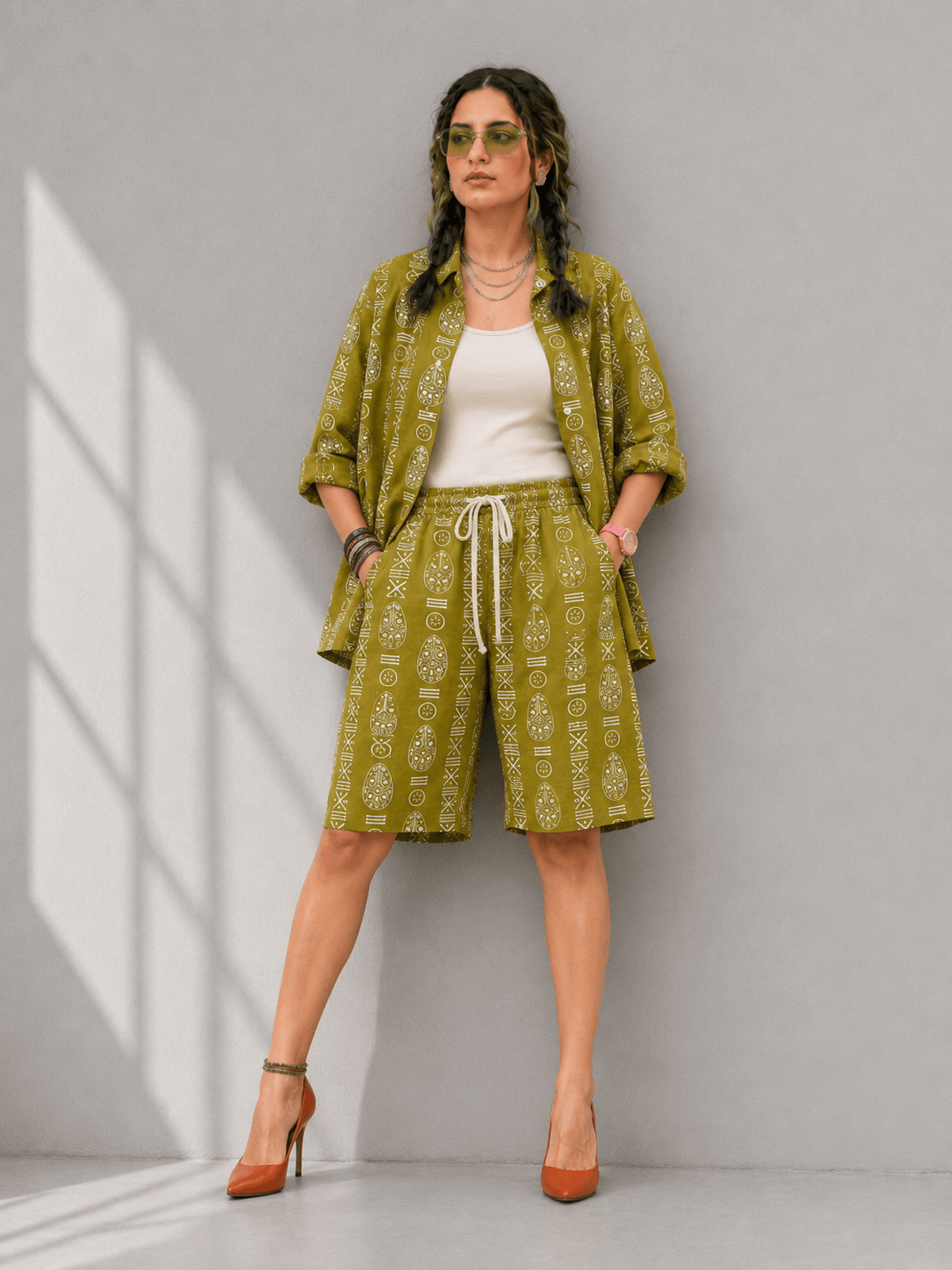 Bashii Printed Cotton Co-ord Set with Full Sleeve Shirt & Knee-Length Shorts Olive