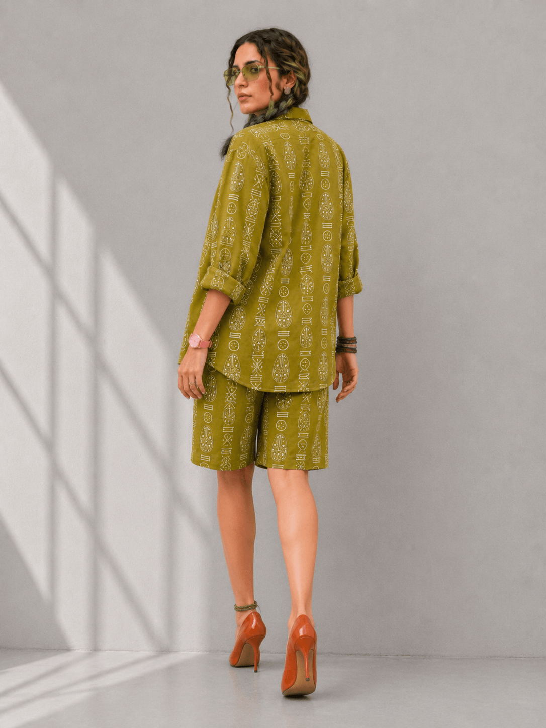 Bashii Printed Cotton Co-ord Set with Full Sleeve Shirt & Knee-Length Shorts Olive