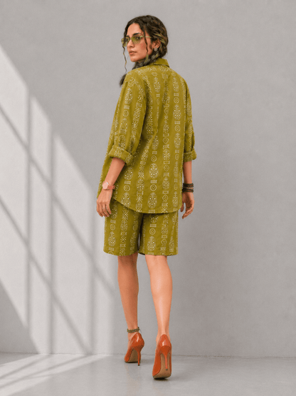 Bashii Printed Cotton Co-ord Set with Full Sleeve Shirt & Knee-Length Shorts Olive