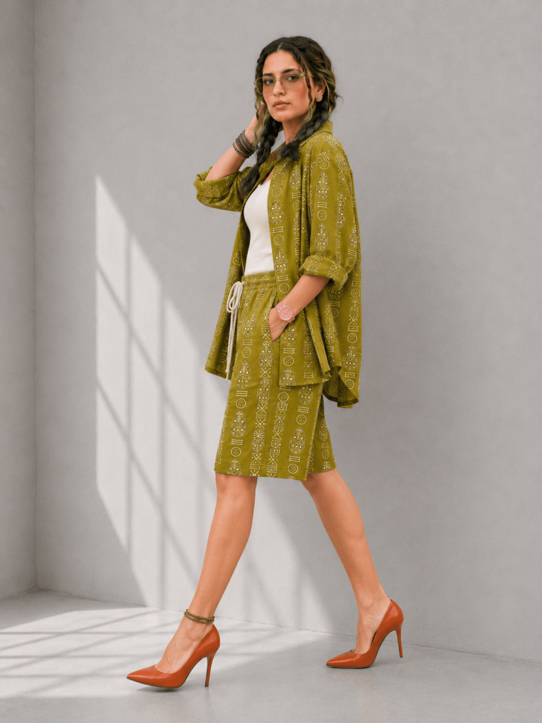 Bashii Printed Cotton Co-ord Set with Full Sleeve Shirt & Knee-Length Shorts Olive