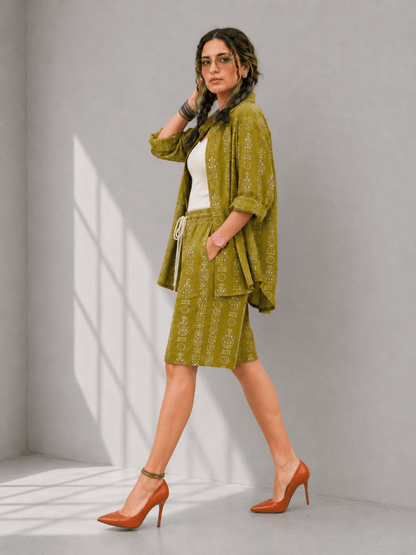 Bashii Printed Cotton Co-ord Set with Full Sleeve Shirt & Knee-Length Shorts Olive