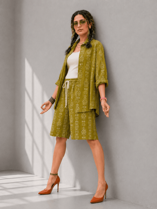 Bashii Printed Cotton Co-ord Set with Full Sleeve Shirt & Knee-Length Shorts Olive