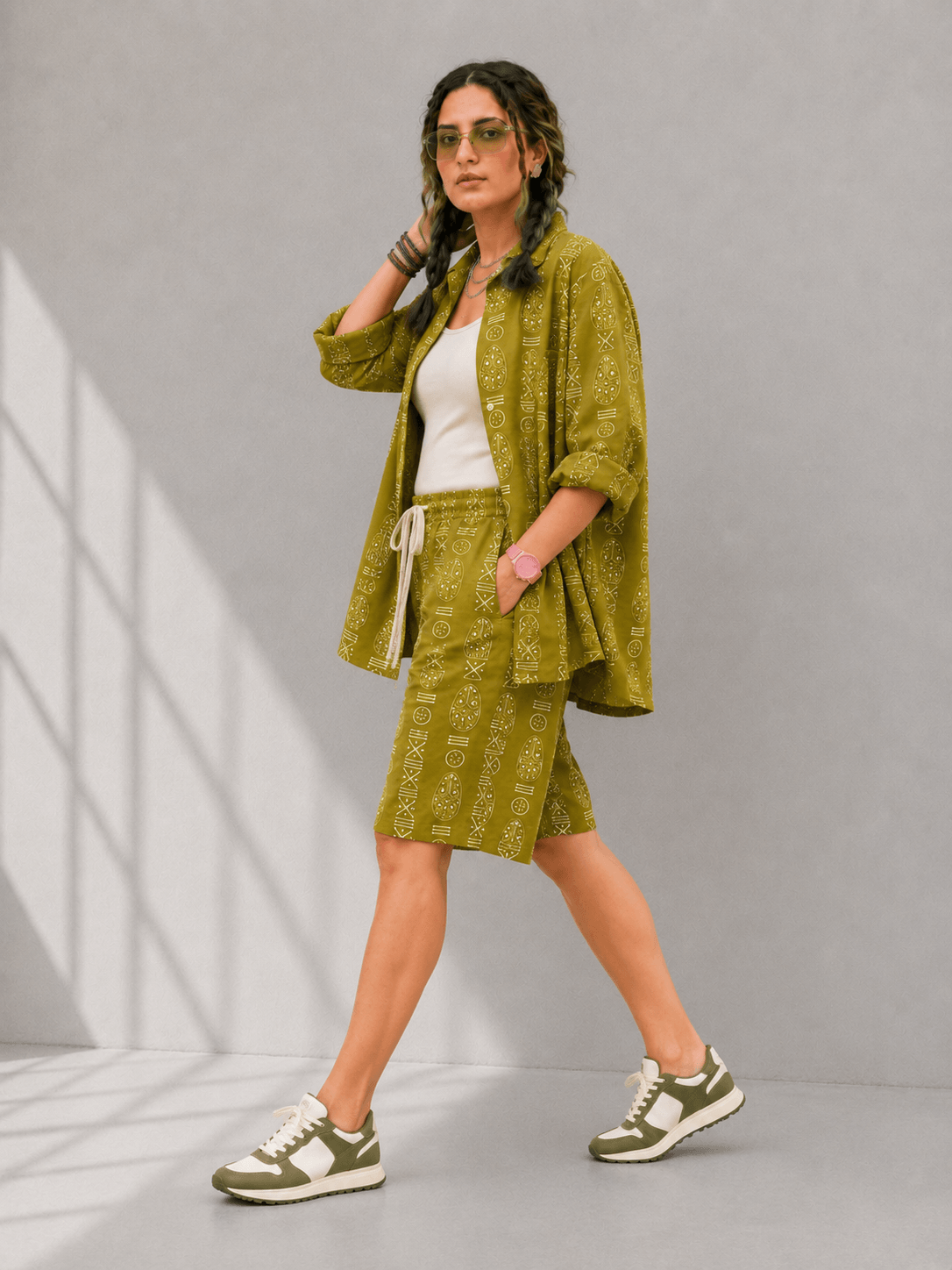 Bashii Printed Cotton Co-ord Set with Full Sleeve Shirt & Knee-Length Shorts Olive