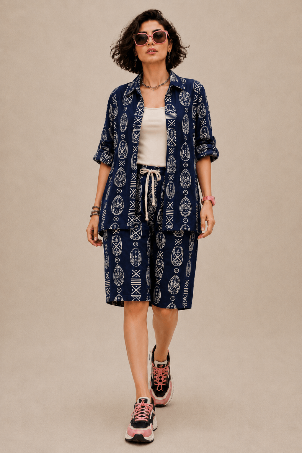 Bashii Printed Cotton Co-ord Set with Full Sleeve Shirt & Knee-Length Shorts NB2