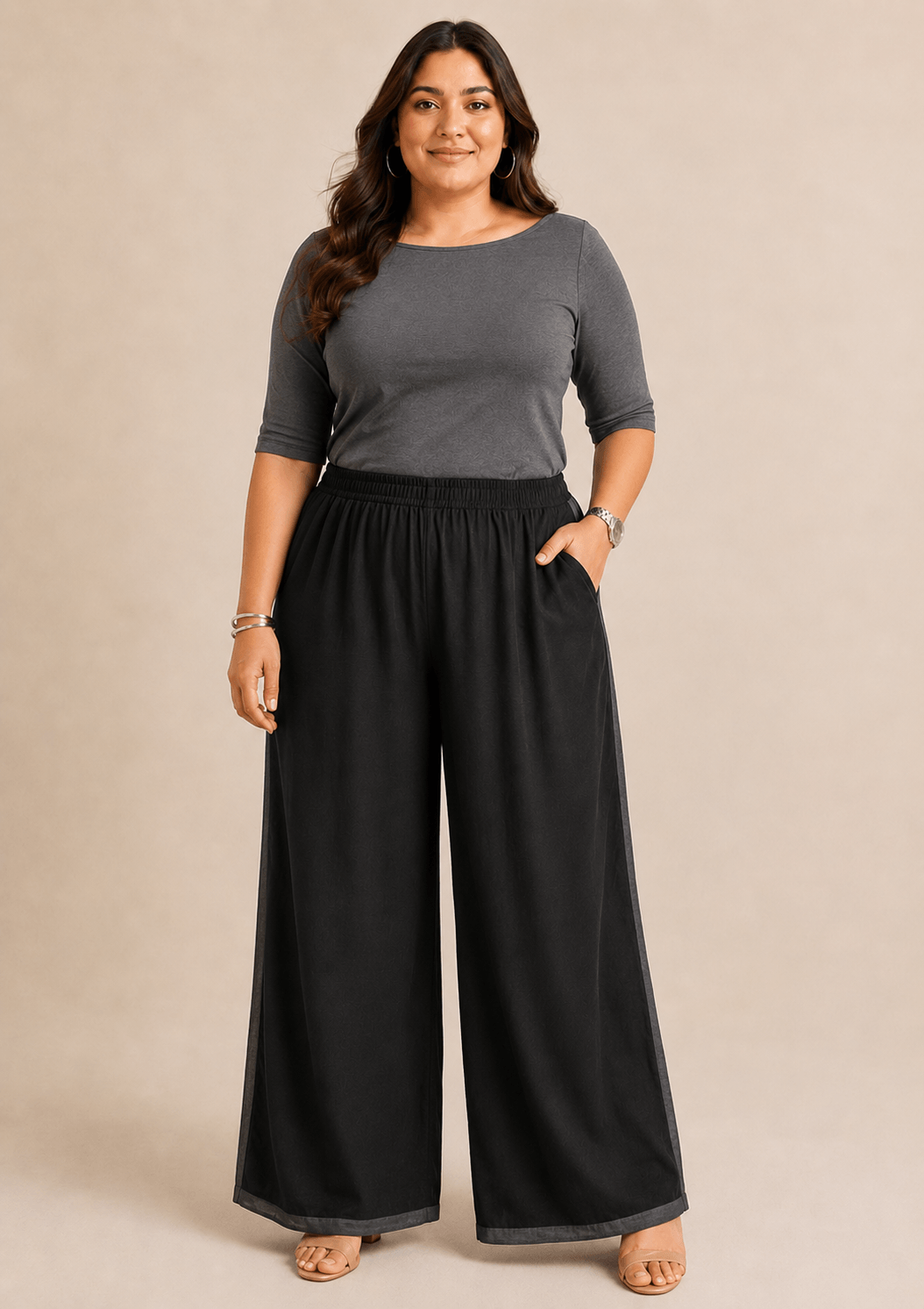Reet Black Cotton  Wide-Leg Palazzo with contrast detailing