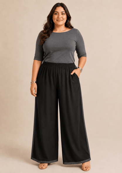 Reet Black Cotton  Wide-Leg Palazzo with contrast detailing
