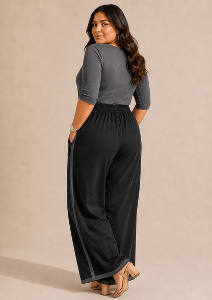 Reet Black Cotton  Wide-Leg Palazzo with contrast detailing