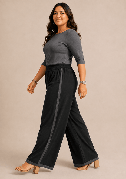 Reet Black Cotton  Wide-Leg Palazzo with contrast detailing