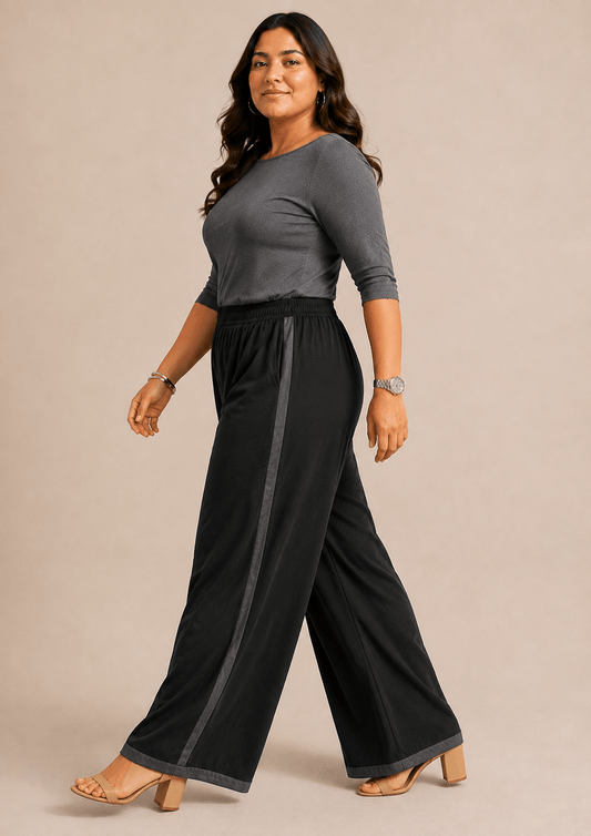 Reet Black Cotton  Wide-Leg Palazzo with contrast detailing