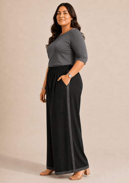 Reet Black Cotton  Wide-Leg Palazzo with contrast detailing