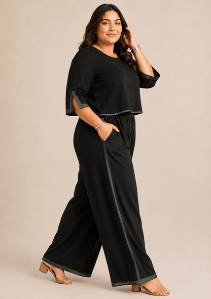 Reet Black Cotton  Co-ord Set (Cropped Top & Wide-Leg Palazzo)