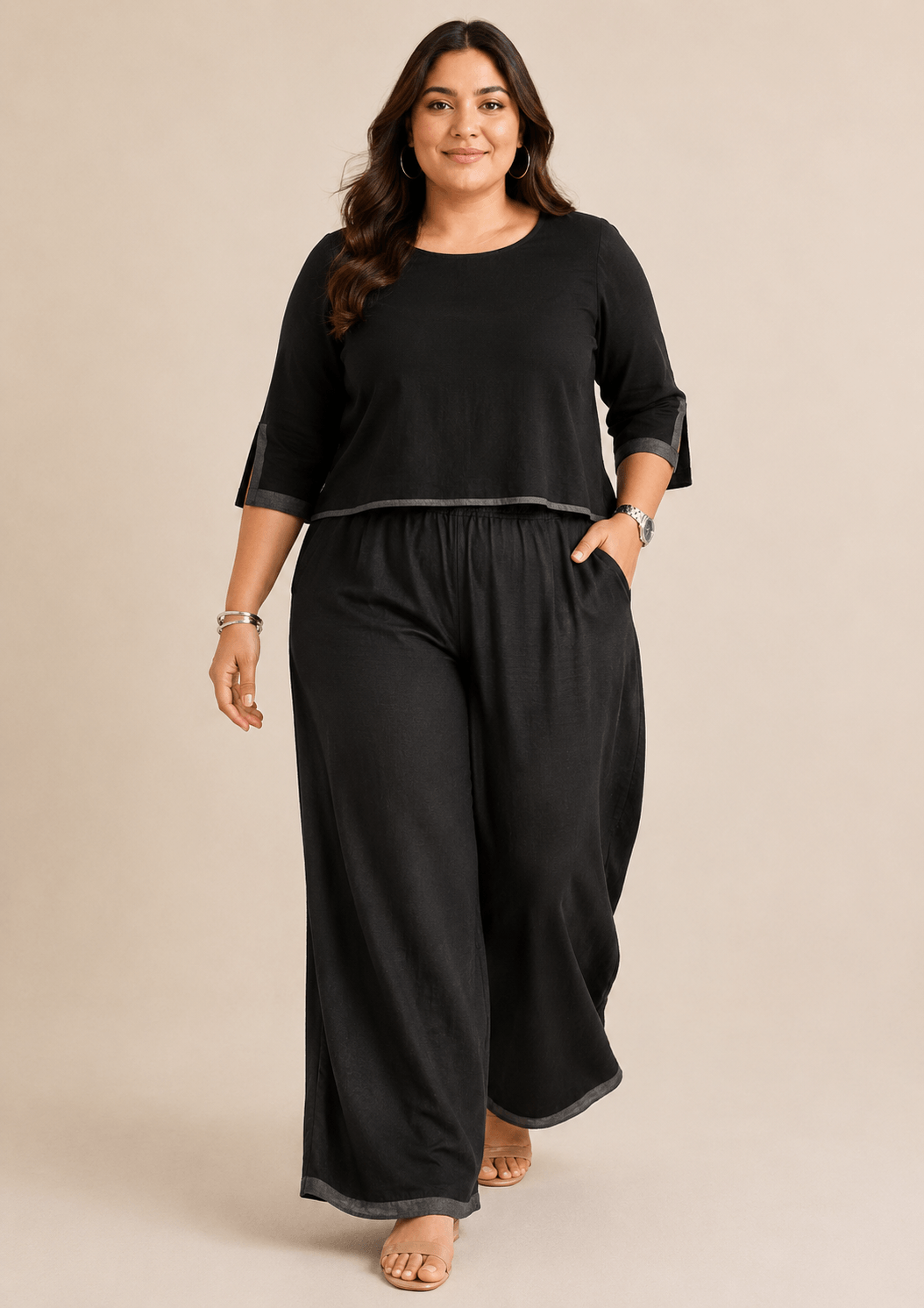 Reet Black Cotton  Co-ord Set (Cropped Top & Wide-Leg Palazzo)