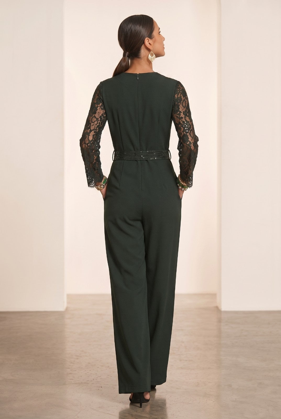 Kamal Indo World – Bottle Green Banana Crepe Party Wear Romper with Hand Embellished Lace