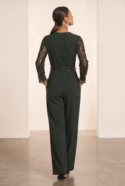 Kamal Indo World – Bottle Green Banana Crepe Party Wear Romper with Hand Embellished Lace