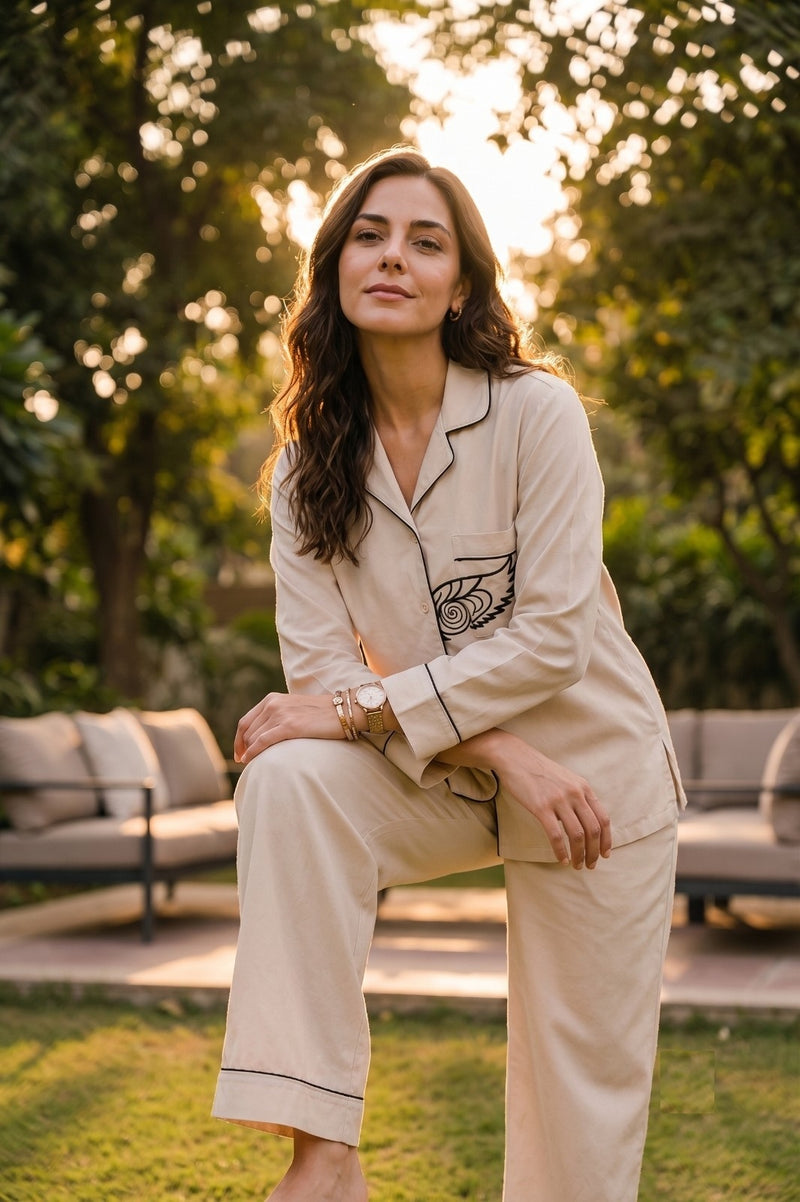 Seema Light Beige Cotton Satin Eagle Co-ord Set for Women Premium Lounge Comfortwear