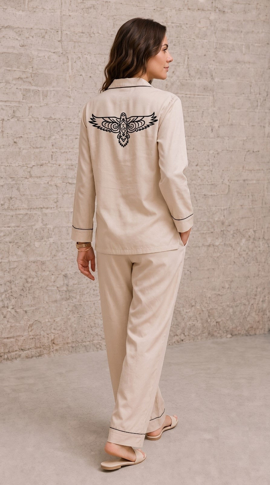 Seema Light Beige Cotton Satin Eagle Co-ord Set for Women Premium Lounge Comfortwear