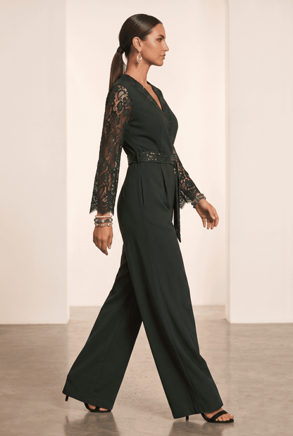 Kamal Indo World – Bottle Green Banana Crepe Party Wear Romper with Hand Embellished Lace