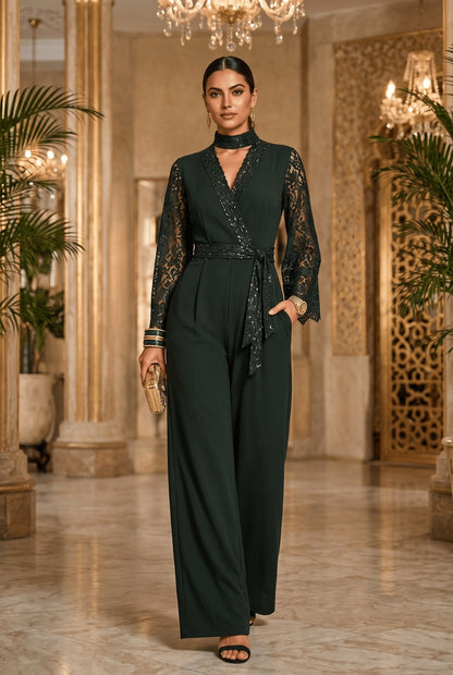 Kamal Indo World – Bottle Green Banana Crepe Party Wear Romper with Hand Embellished Lace