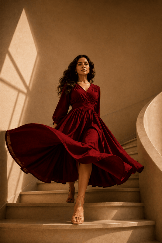 Navdha - Women's Maroon Flared Cotton Viscose Midi Dress with Side Pocket