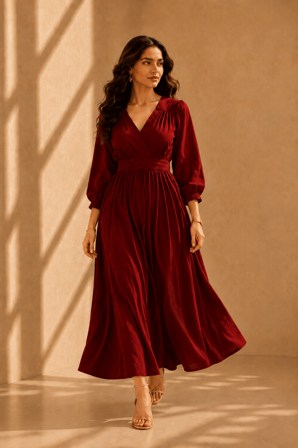 Navdha - Women's Maroon Flared Cotton Viscose Midi Dress with Side Pocket