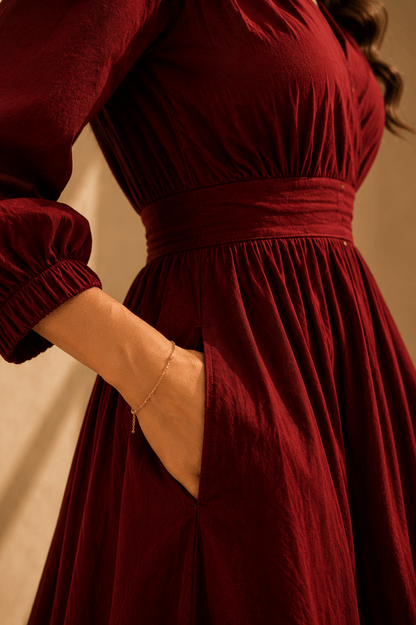 Navdha - Women's Maroon Flared Cotton Viscose Midi Dress with Side Pocket