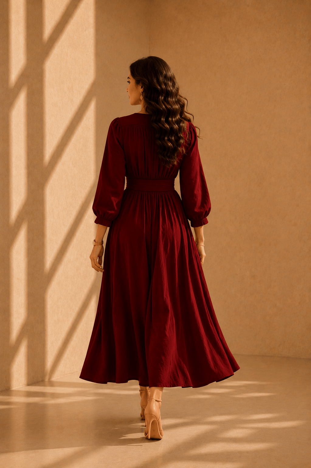 Navdha - Women's Maroon Flared Cotton Viscose Midi Dress with Side Pocket