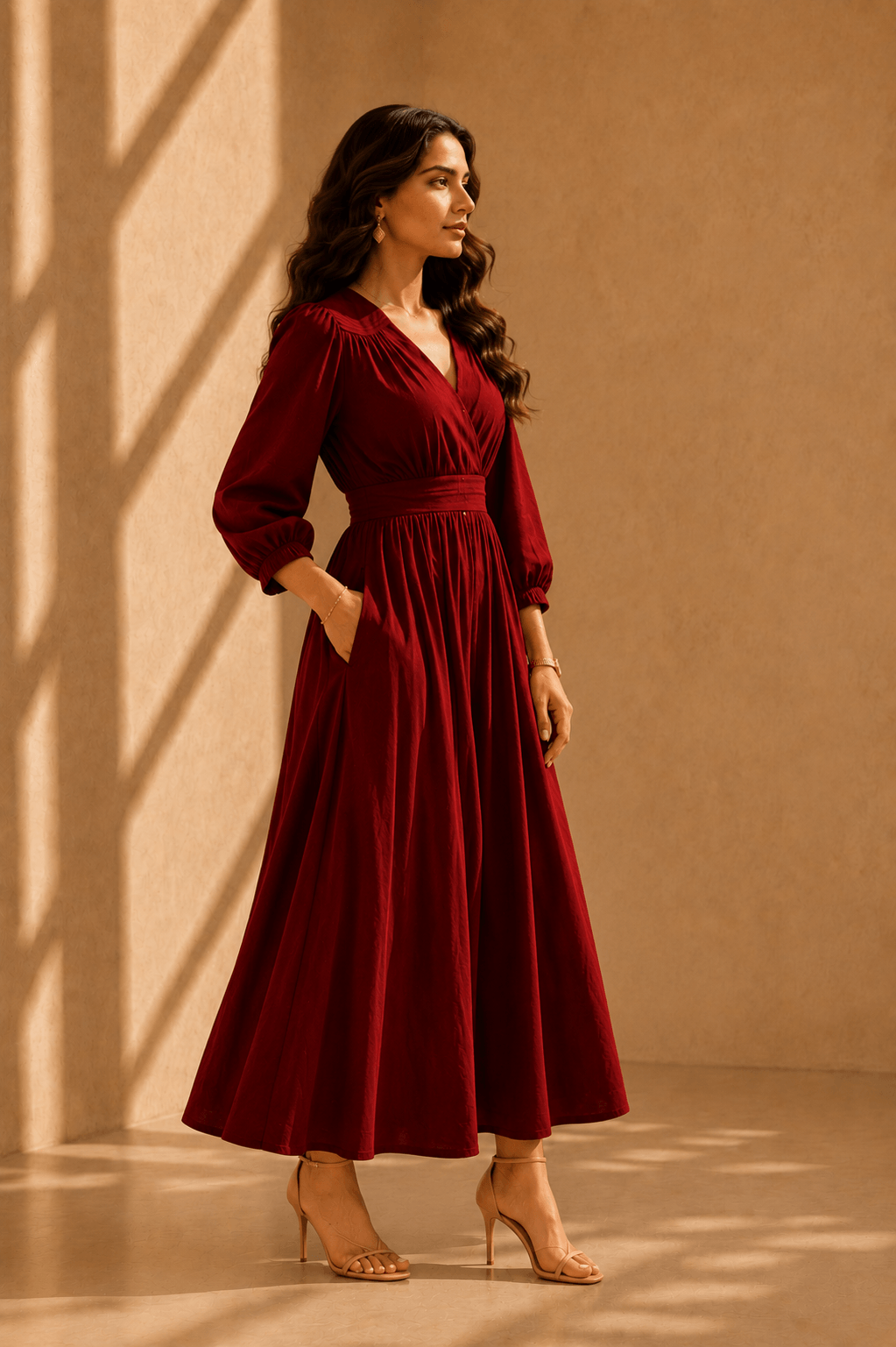 Navdha - Women's Maroon Flared Cotton Viscose Midi Dress with Side Pocket