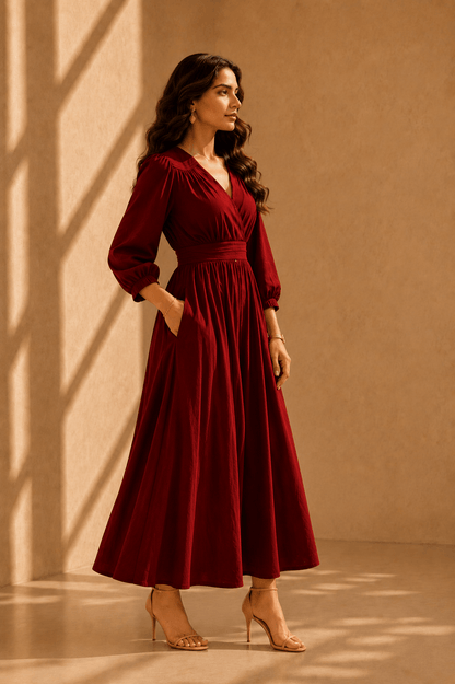 Navdha - Women's Maroon Flared Cotton Viscose Midi Dress with Side Pocket