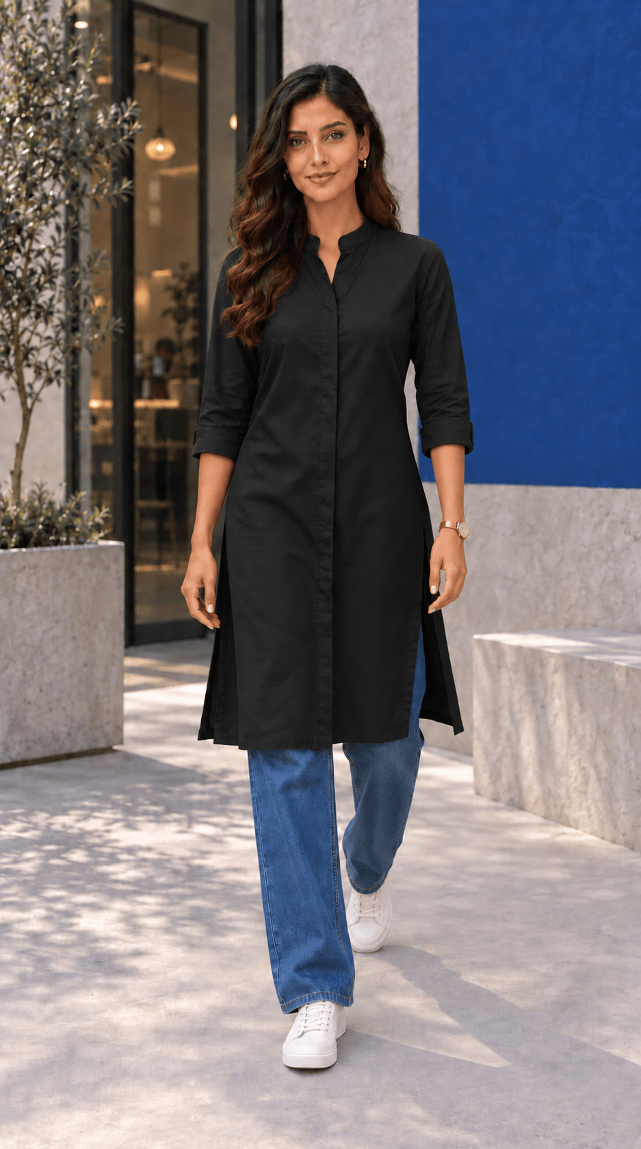 Amrita Black Front-Open Cotton Viscose Kurta
