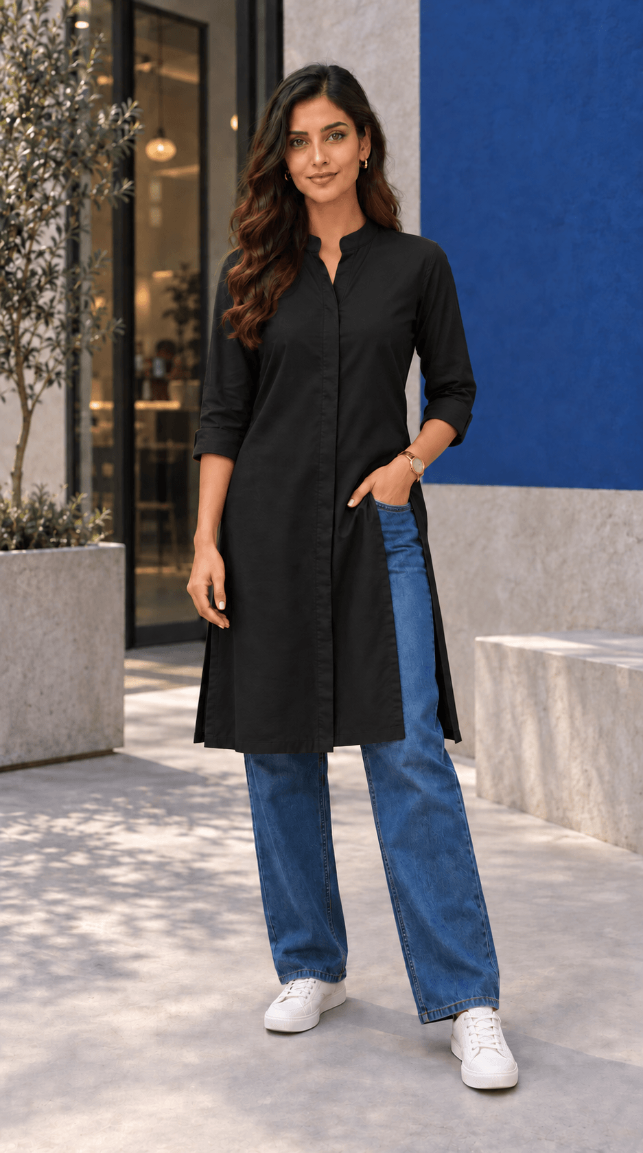 Amrita Black Front-Open Cotton Viscose Kurta